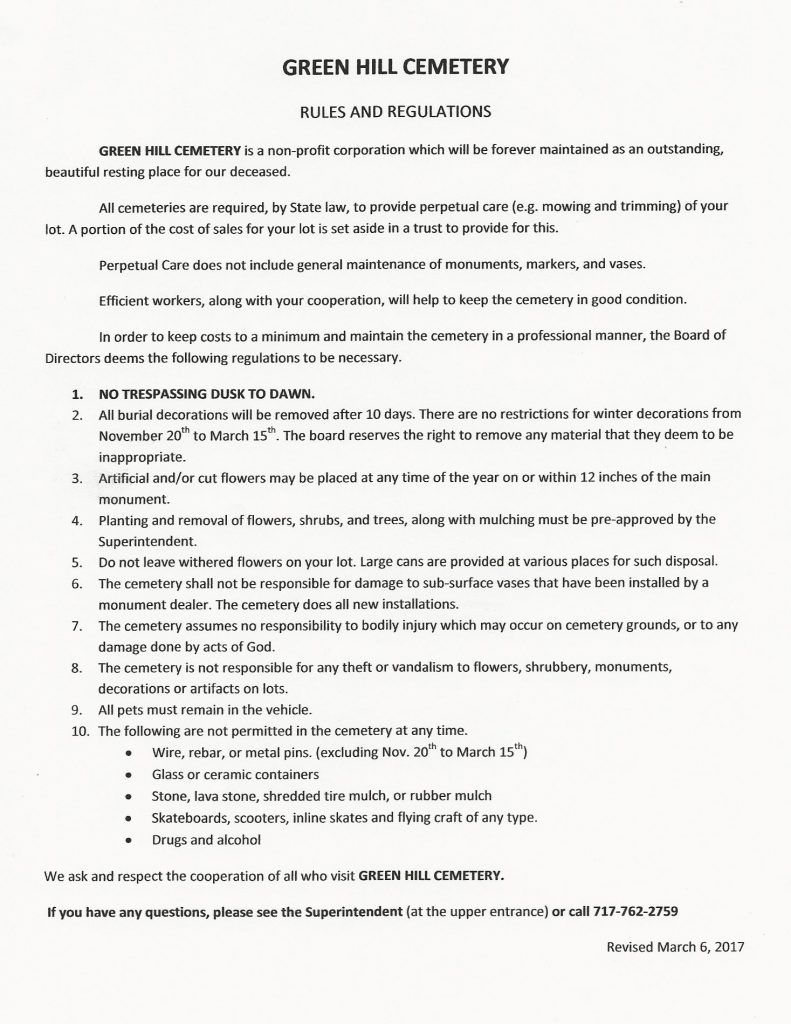 Rules & Regulations Green Hill Cemetery